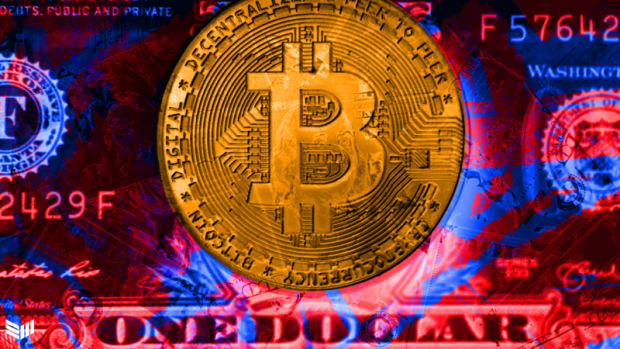 bitcoin on blue and red dollar background