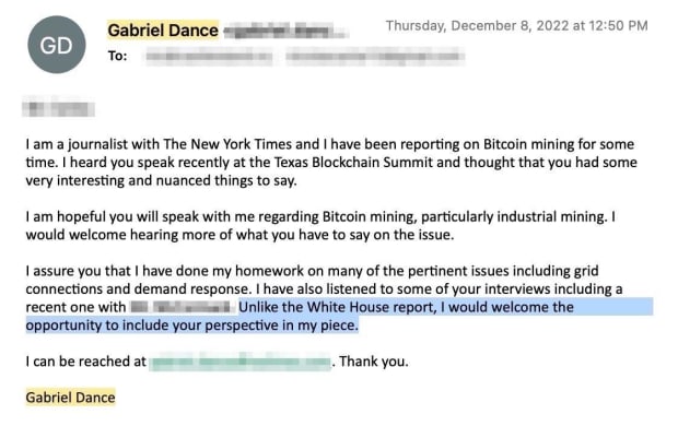 email from nyt reporter Who Benefits From The New York Times’ Attacks On Bitcoin?