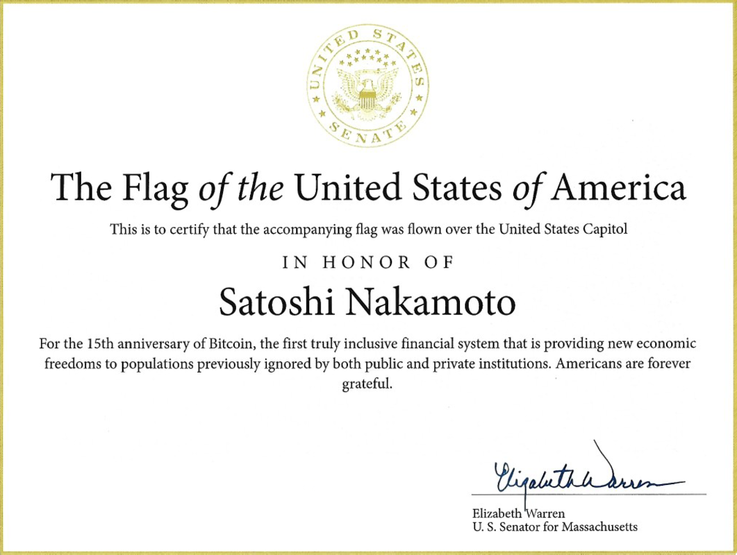 Elizabeth Warren Pivots on Bitcoin, Honors Nakamoto With Flag Over Capitol