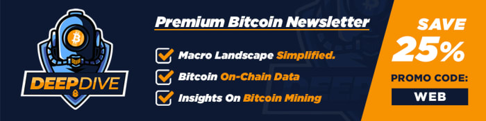 Receive a 25% discount when you subscribe to the Deep Dive premium bitcoin markets newsletter.