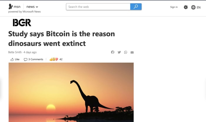 fake msn news piece bitcoin dinosaurs