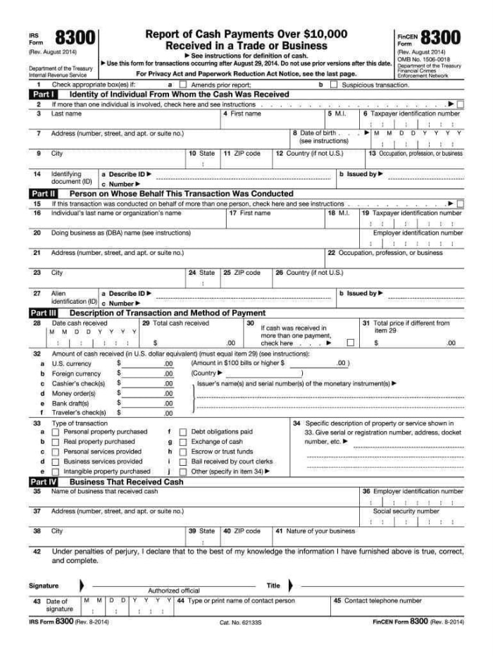 Page 1 of IRS Form 8300, required to be filed when taxpayer receipts trigger the section 6050I reporting requirement.