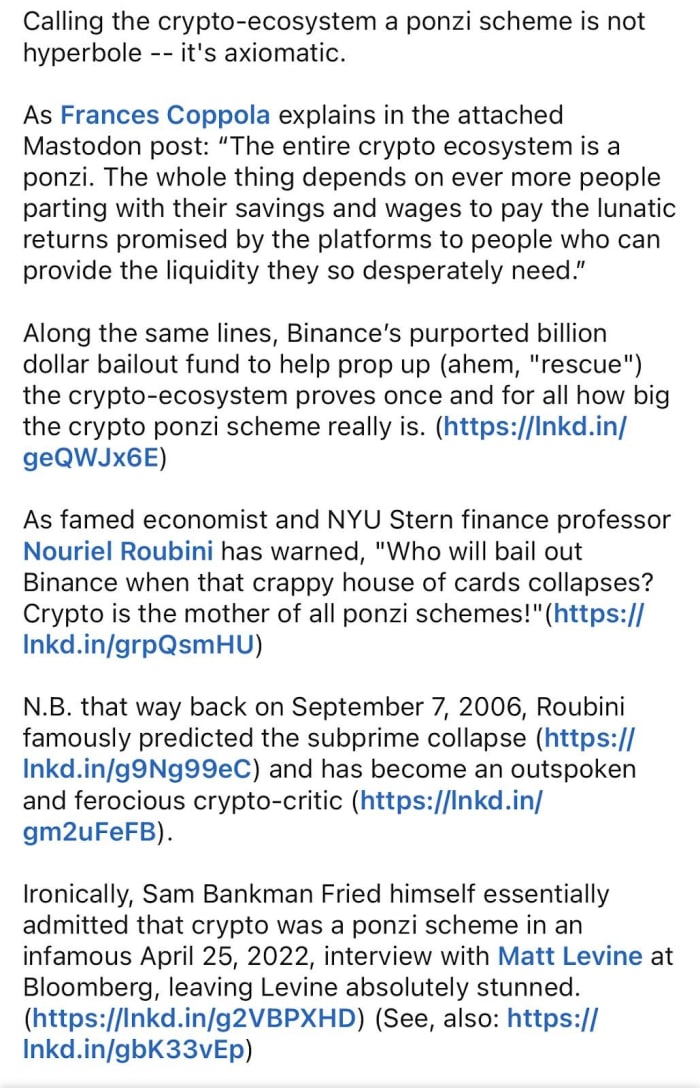 L'argument fatigué selon lequel Bitcoin est un schéma de Ponzi est vraiment plus applicable au fiat, ce qui nous empêche de conserver des économies.