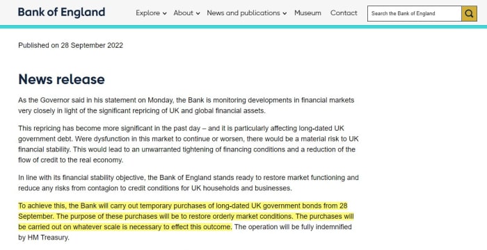 La Banque d'Angleterre est la première à revenir à l'assouplissement quantitatif, prétendant rétablir le fonctionnement des marchés et réduire les risques de contagion.