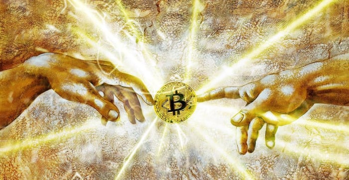 bitcoin và sự trỗi dậy của nghệ thuật kỹ thuật số, hai ngón tay chạm vào bitcoin