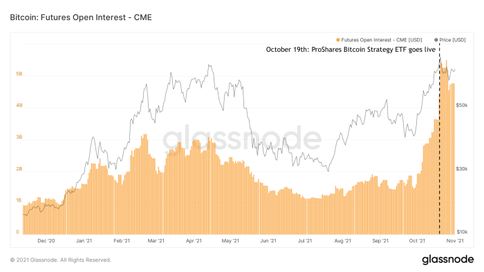 Figure 1: The amount of open interest in CME's bitcoin futures products (Source).
