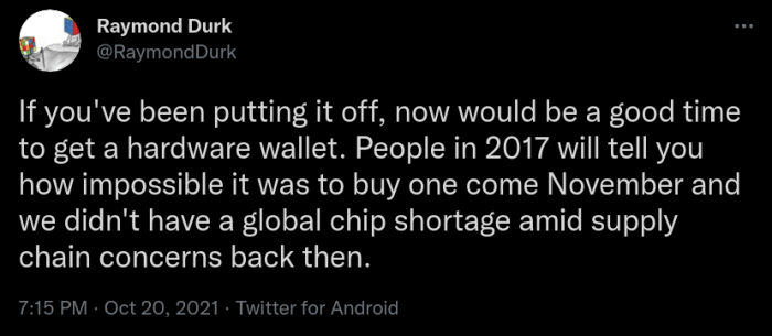 hardware wallet shortage 2017 twitter