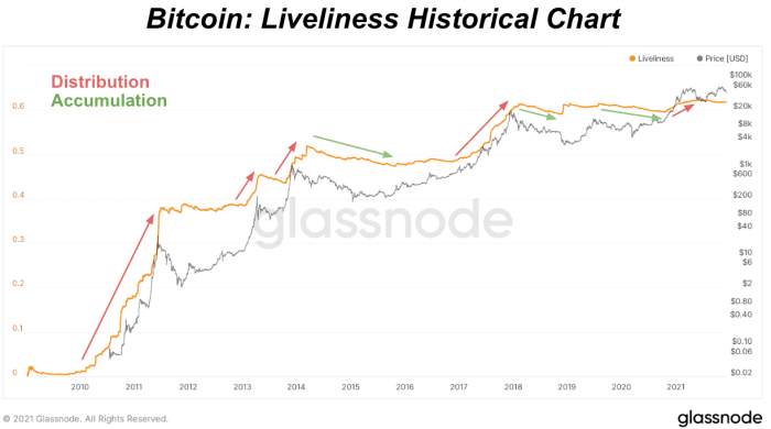 Metriken Liveliness on-chain spårar ackumulering och distributionsbeteende hos bitcoininnehavare, motsvarande priset.