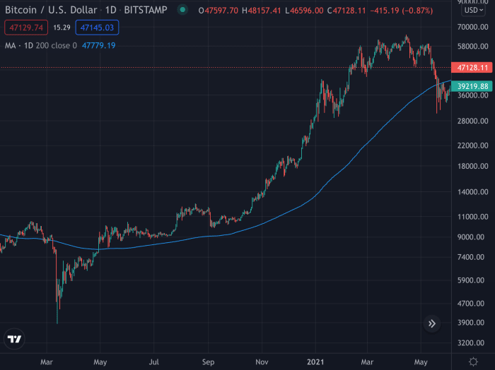 Bitcoin rose from $8,000 to $60,000 in less than one year before correcting below its 200-day MA at around $40,000 in May 2021. Source: TradingView.
