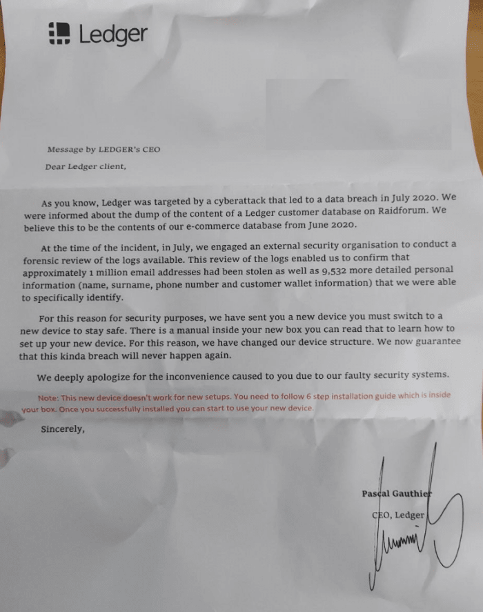 Scam letter with fake signature by Ledger CEO Pascal Gauthier. Source: Reddit.