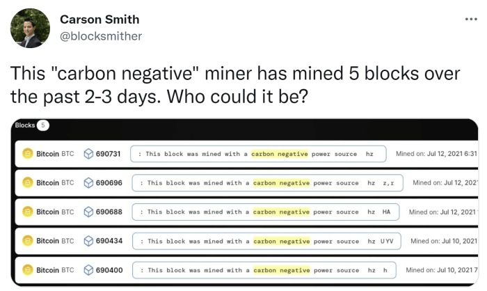 The miner has been blazoning its allegedly carbon negative activities using the OP_RETURN field. The epigraph has been etched into five blocks so far.