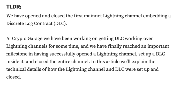 The first successful discreet log contract has been executed on the Lightning Network by creating a new type of transaction when opening a Lightning channel.
