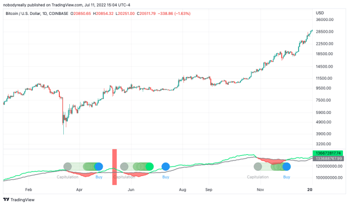 The Hashband indicator flagged three buying opportunities in Bitcoin during 2020, all of which produced outsized returns in just one year.  Image source: TradingView.