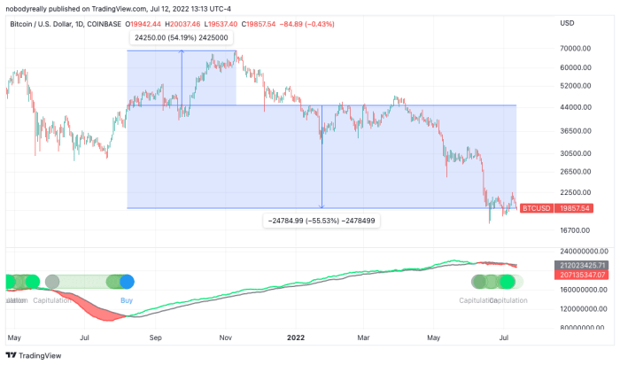 Buying when Hash ribbons last signaled an opportunity would've yielded negative results of 55.53% to date, after being over 54% in the green at the all-time high of $ 69,000. Image source: TradingView.
