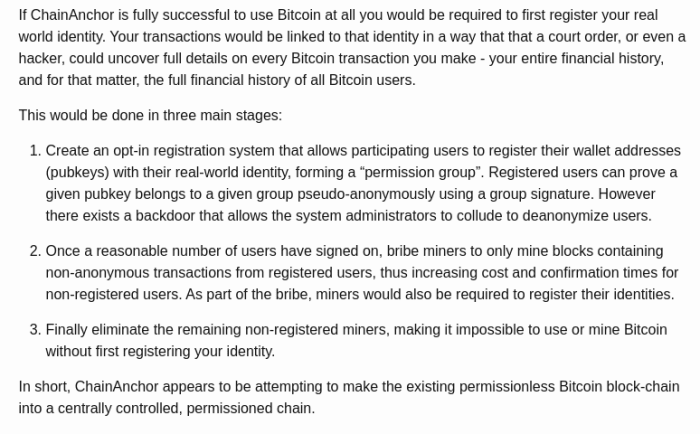 list of requirements for chain anchor bitcoin