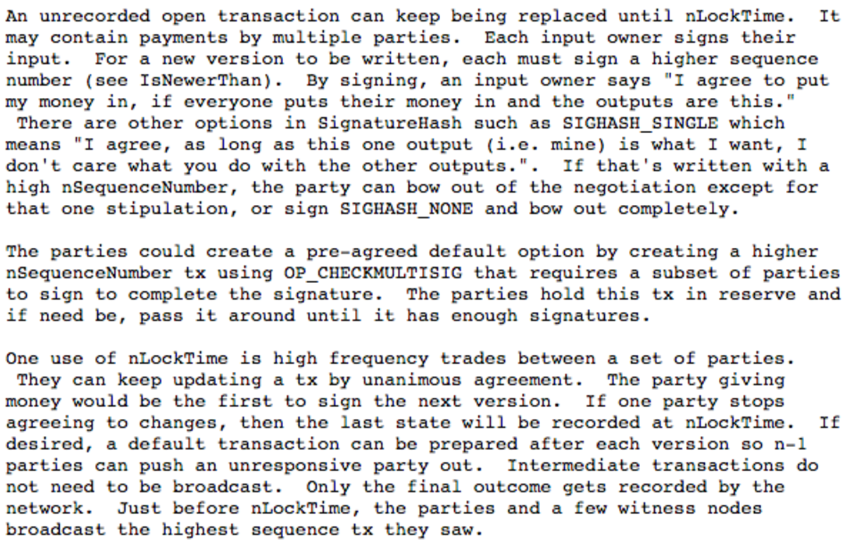 Satoshi Nakamoto’s explanation of how payment channels could work, described by Mike Hearn. Source: Bitcoin-dev mailing list