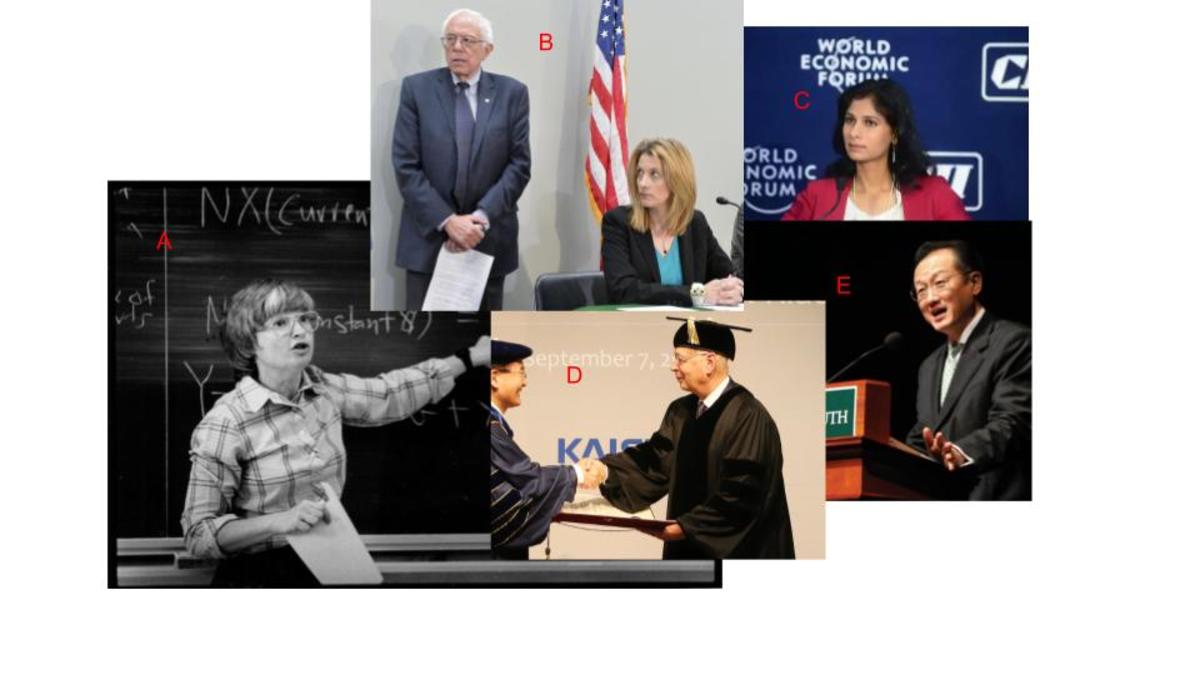 A. Janet Yellen spent decades in academia and became Federal Reserve chair and U.S. Secretary of the Treasury. B. Stefanie Kelton is a current professor at Stony Brook University whose work in Modern Monetary Theory heavily influences Democrats like Bernie Sanders. C. Gita Gopinath took leave of public service from Harvard University to be the chief economist of the International Monetary Fund. She also works for the National Bureau of Economic Research and the Federal Reserve. D. The founder and executive chairman of the World Economic Forum, Klaus Schwab had a long and distinctive academic career. E. Jim Yong Kim is the former president of Dartmouth College who went on to be the president of the World Bank.