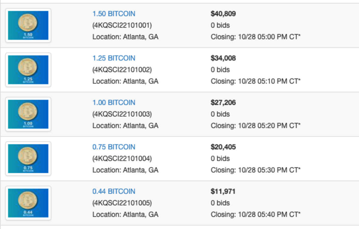 The 4.94 BTC will be auctioned in five different lots. Source: GSA Auctions.