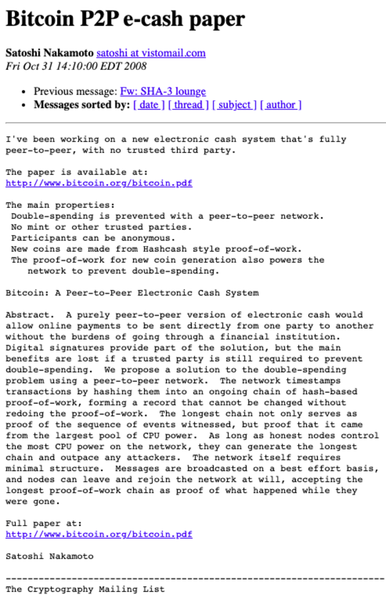 Satoshi's email announcing Bitcoin to The Cryptography Mailing List