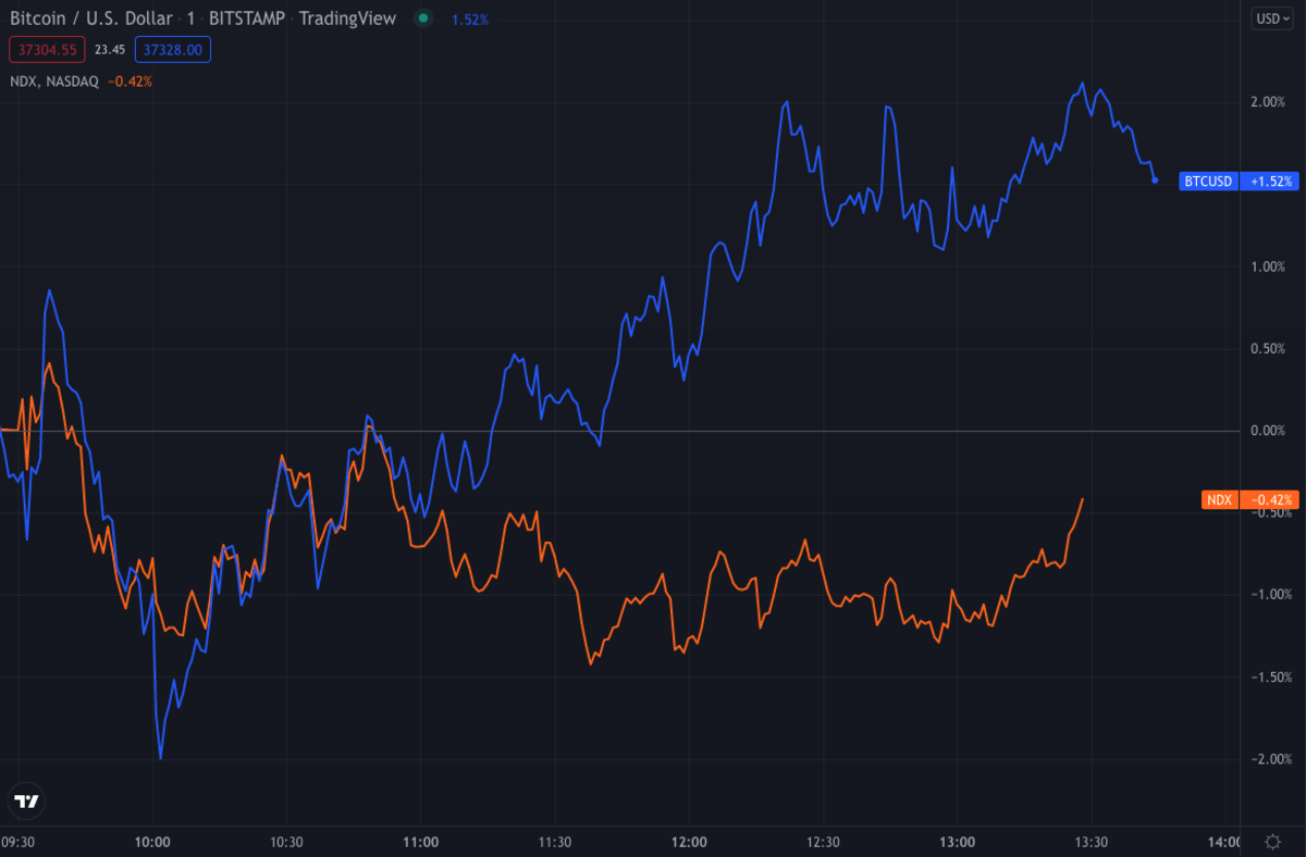 Bitcoin decouples from the Nasdaq on Tuesday to trade in green territory. Image source: TradingView.