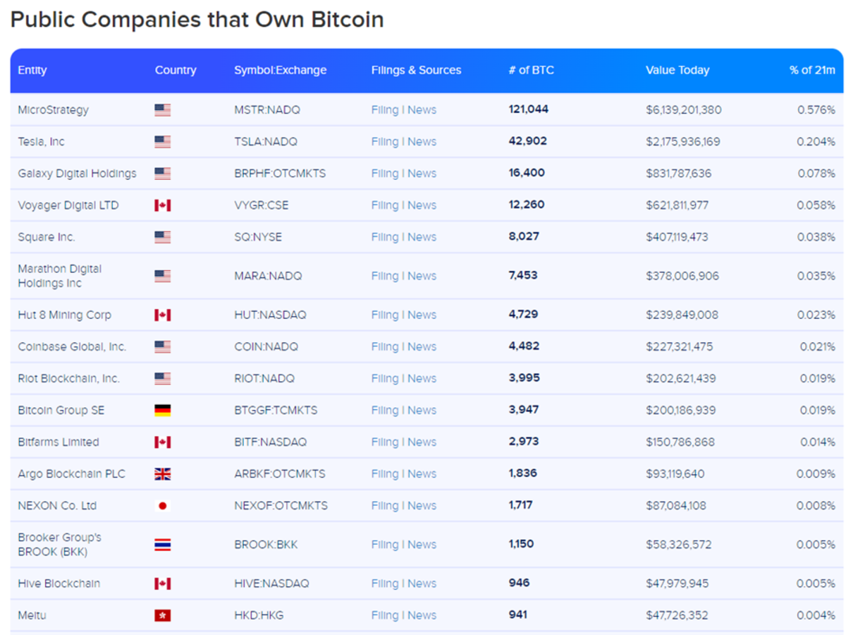 public companies that own bitcoin