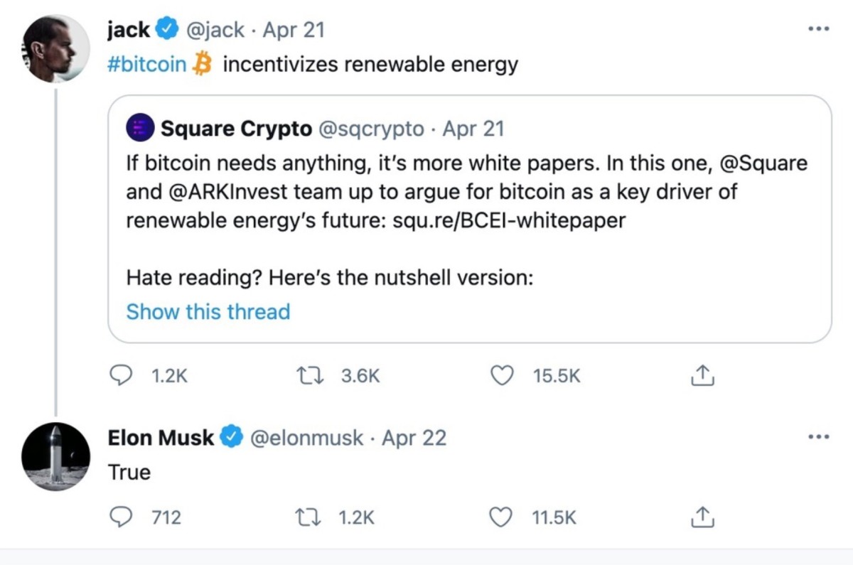 jack dorsey tweets about bitcoin renewable energy elon musk