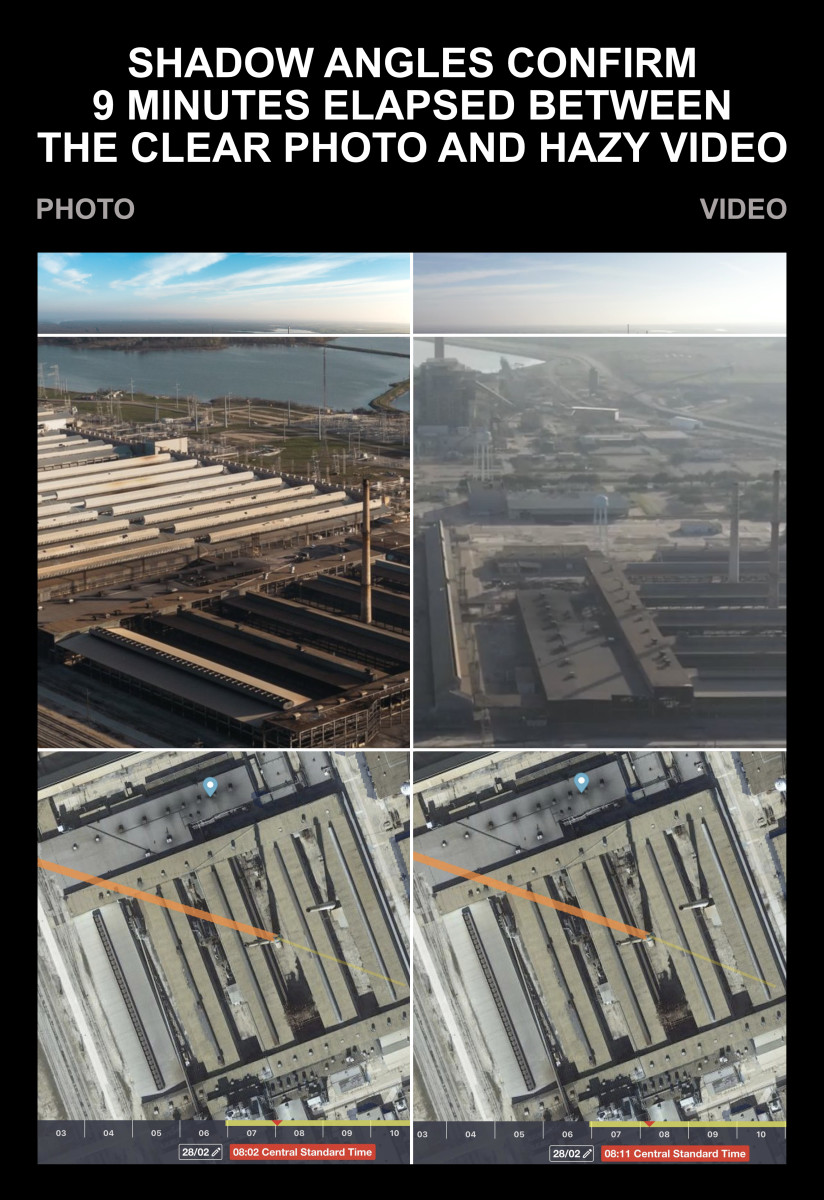 Footage filmed nine minutes apart shows both clear weather and smog. Photos by Jordan Vonderhaar (top, middle), Shademap (bottom), via @yeolddoc.