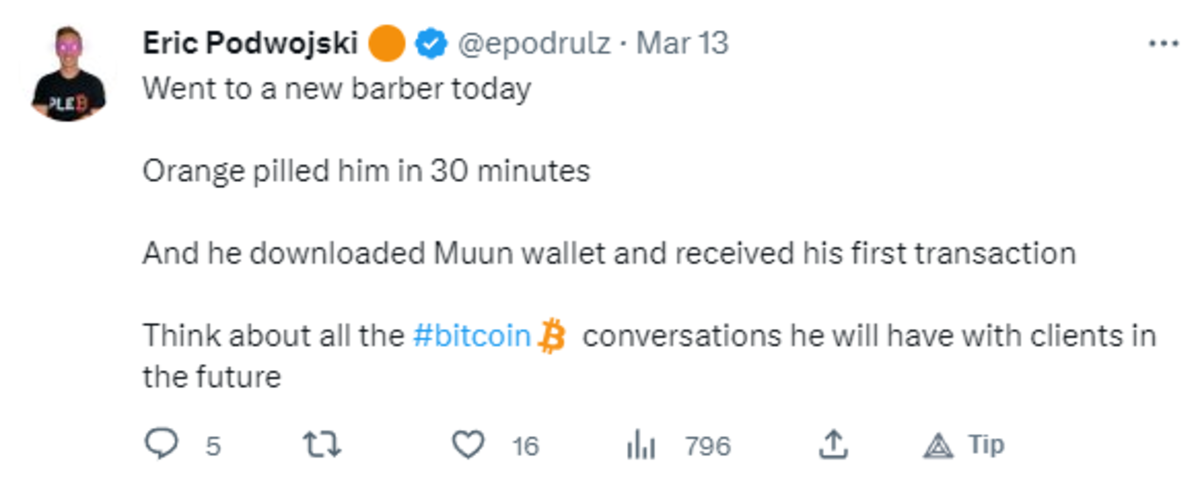 “If you're looking for an orange-pilling opportunity with the most asymmetric upside, consider talking about Bitcoin … with your barber or stylist.”