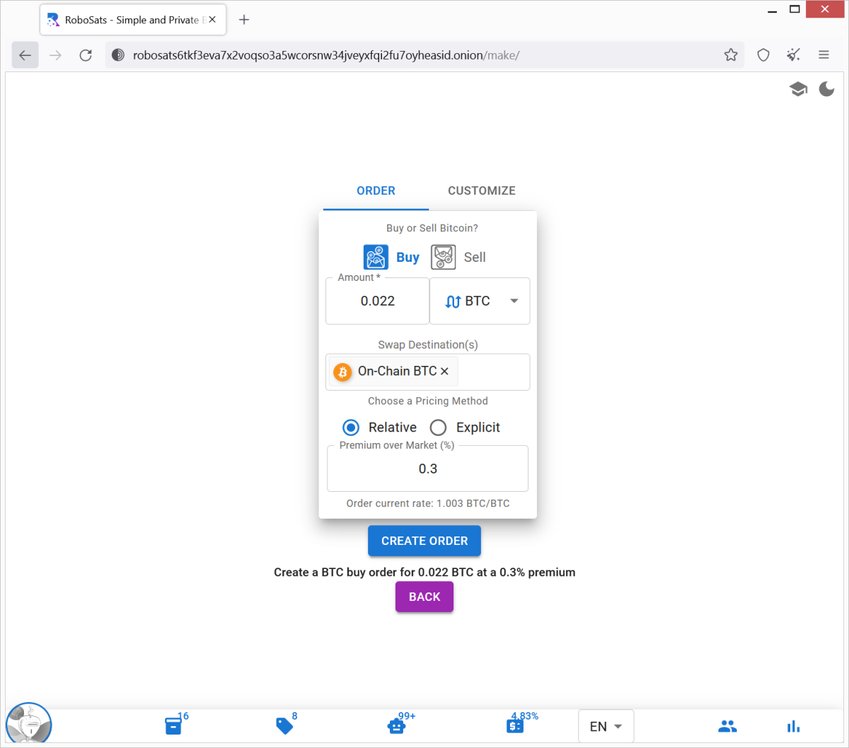 robosats exchange order box example