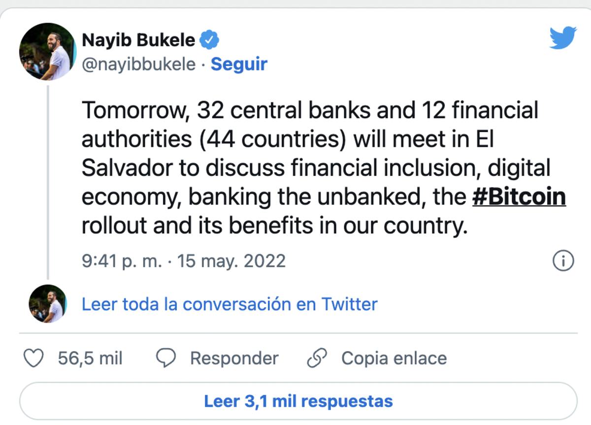 nayib bukele tweet about 32 central banks and 12 financial authorities