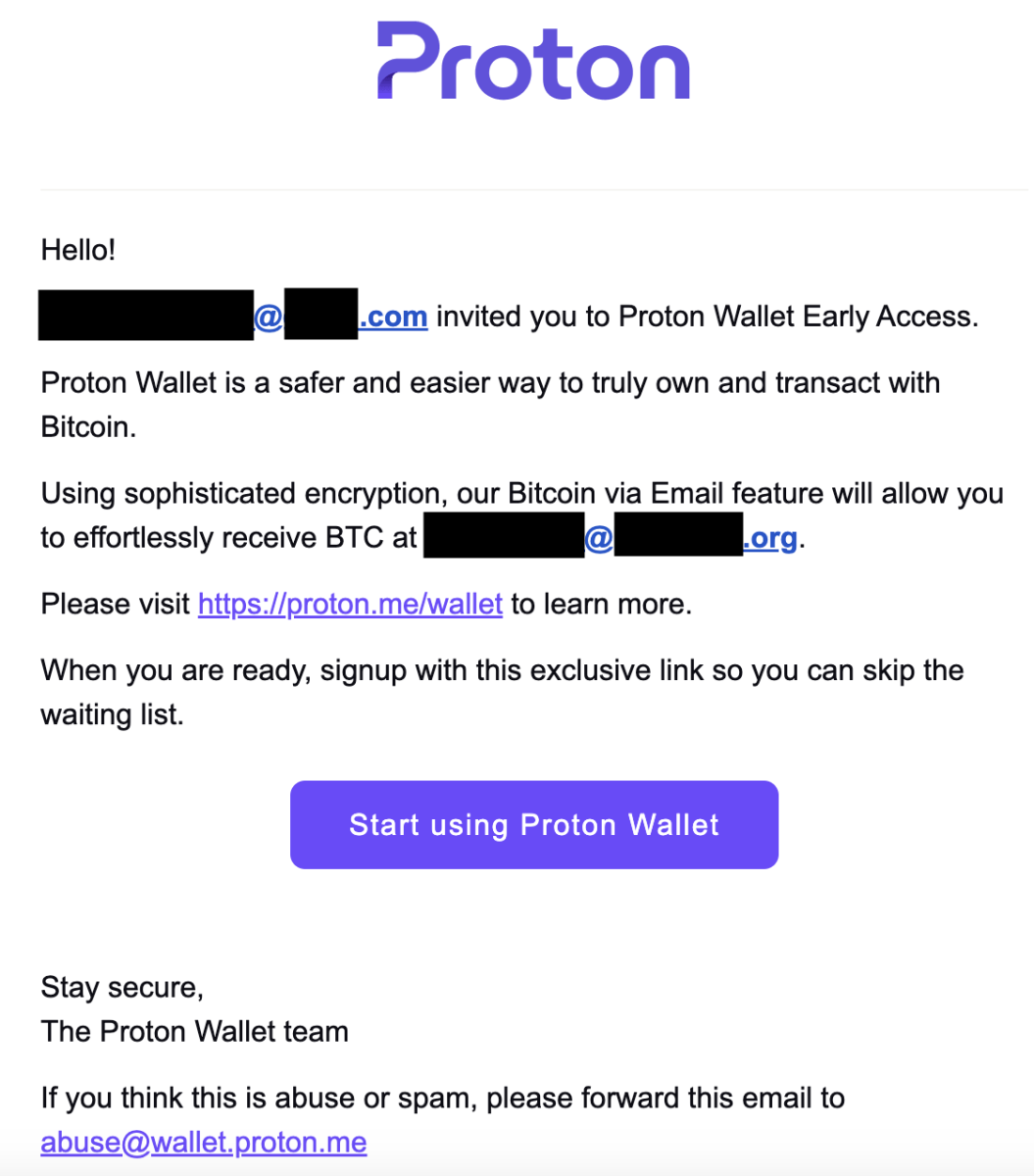 Invitation email for Proton Wallet