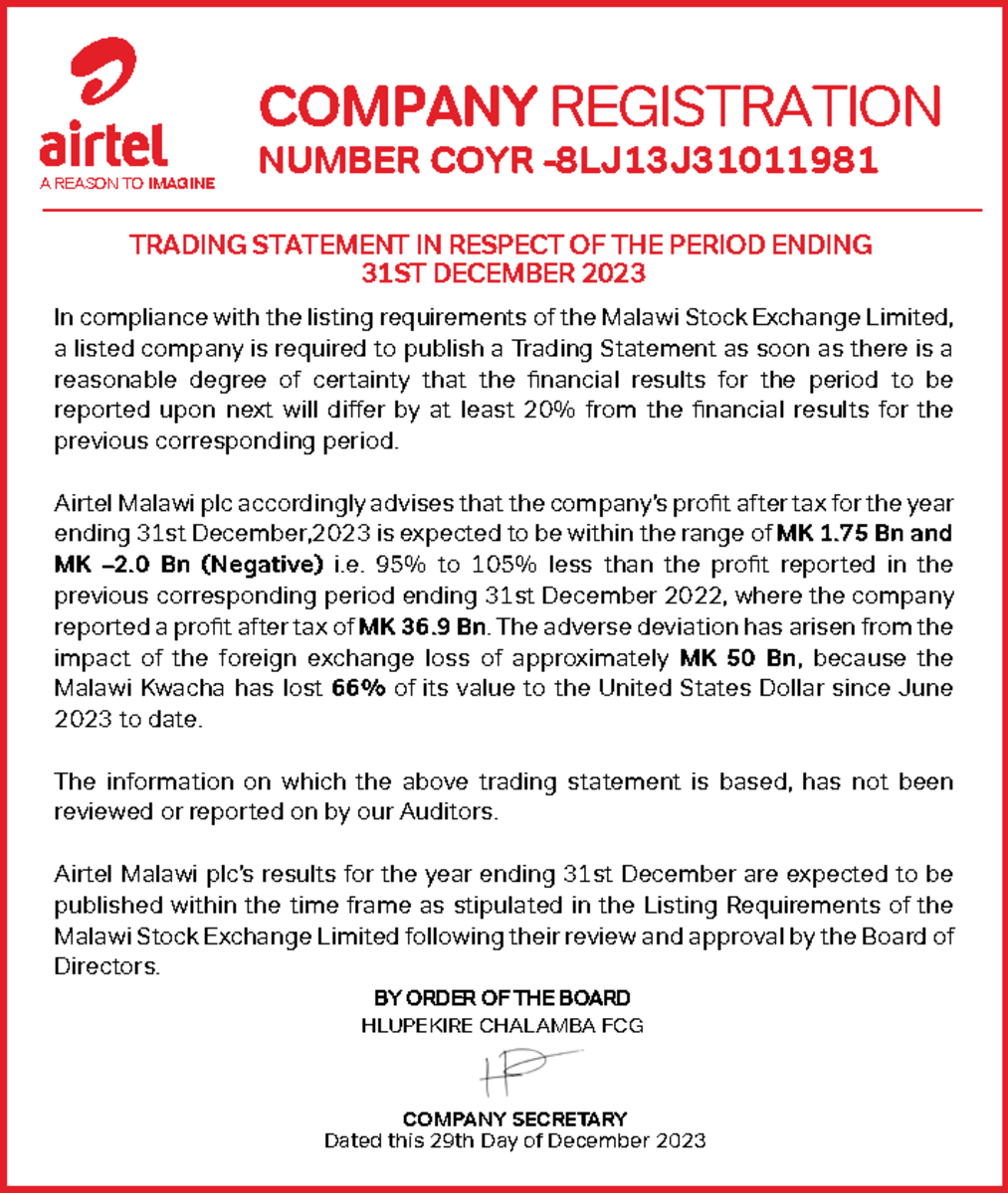 Official statement from Airtel, one of Malawi’s largest companies, about losses related to the collapse of the kwacha