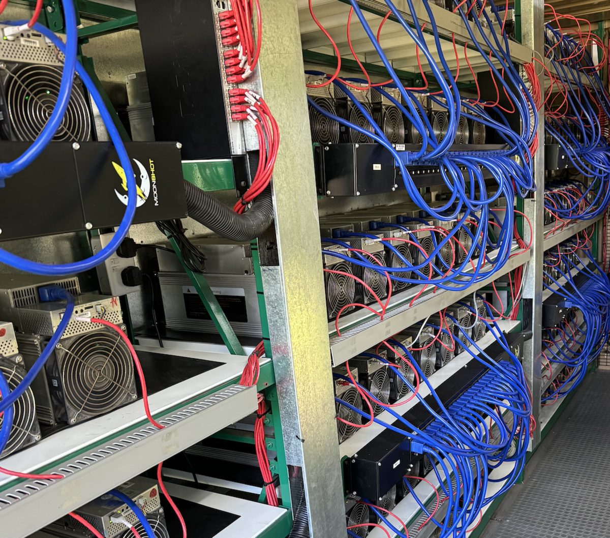 A peek at the 144 Whatsminer ASICs inside the custom-built shipping container