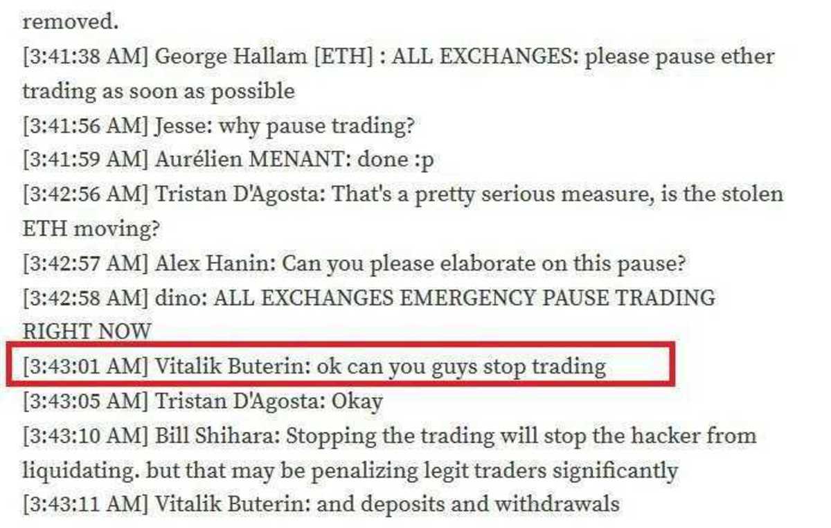 Vitalik calling to stop trading to prevent the DAO hacker from cashing out ETH price.