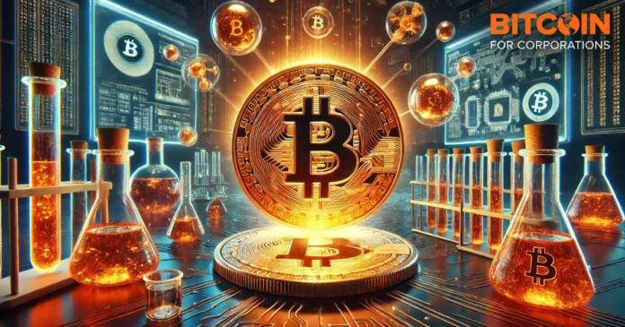 Laboratory full of glass vials, experiments happening, and different measurements of Bitcoin
