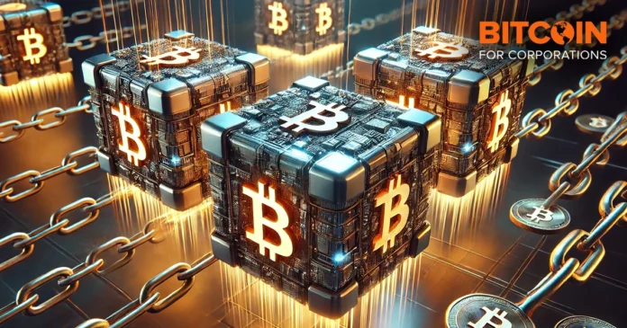 Three metallic Bitcoin cubes, evenly spaced and wrapped in glowing gold and steel chains