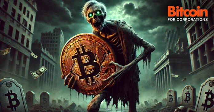 Zombie carrying bitcoin through city streets feels revitalized