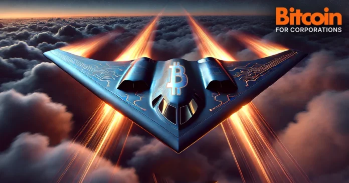 speeding fast jet fighter plane with bitcoin logo emblazened on back