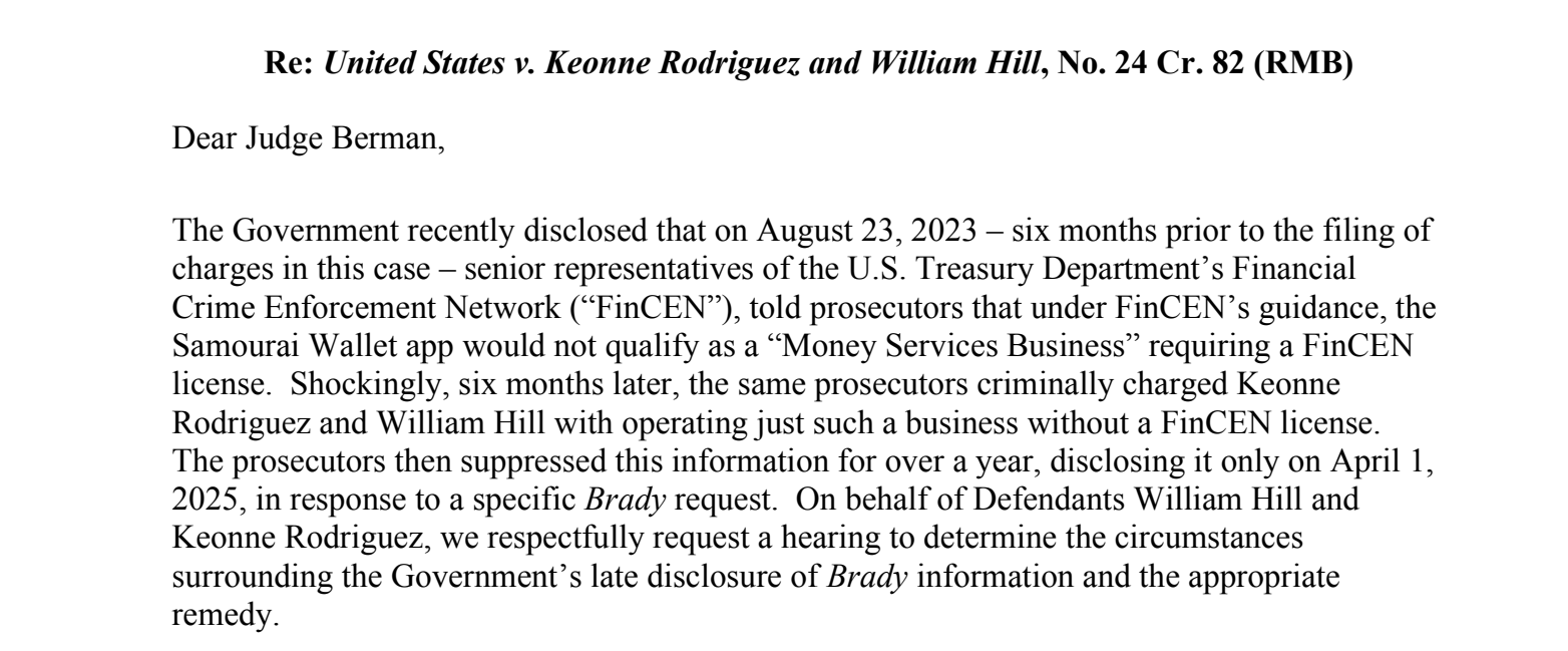 A new filing shows FinCEN told prosecutors that Samourai Wallet was not a money transmitter. They charged its founders anyway—and kept that fact hidden for over a year. 
