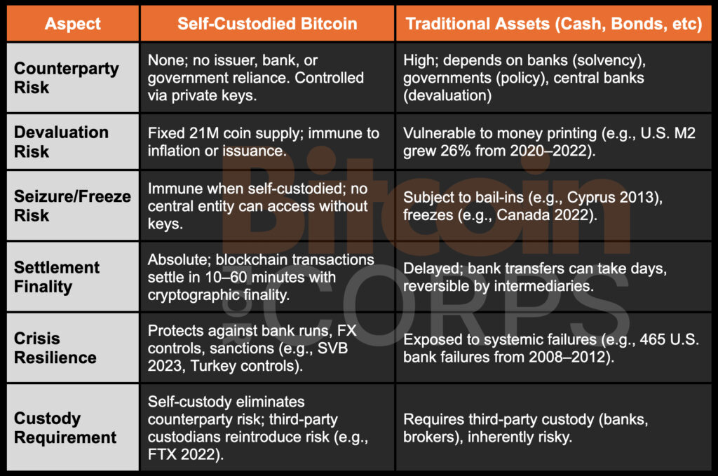 How Bitcoin Reduces Counterparty Risk in Corporate Treasury Strategy 1 Bitcoin Counterparty Risk Comparison vs Traditional Assets like Cash and Bonds