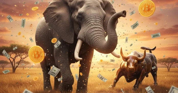 Bitcoin price, Semler acquisition by Strive, elephant and Wall Street bull on the savanna