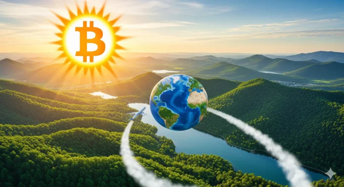 Satlantis, Bitcoin flying across the world, green nature