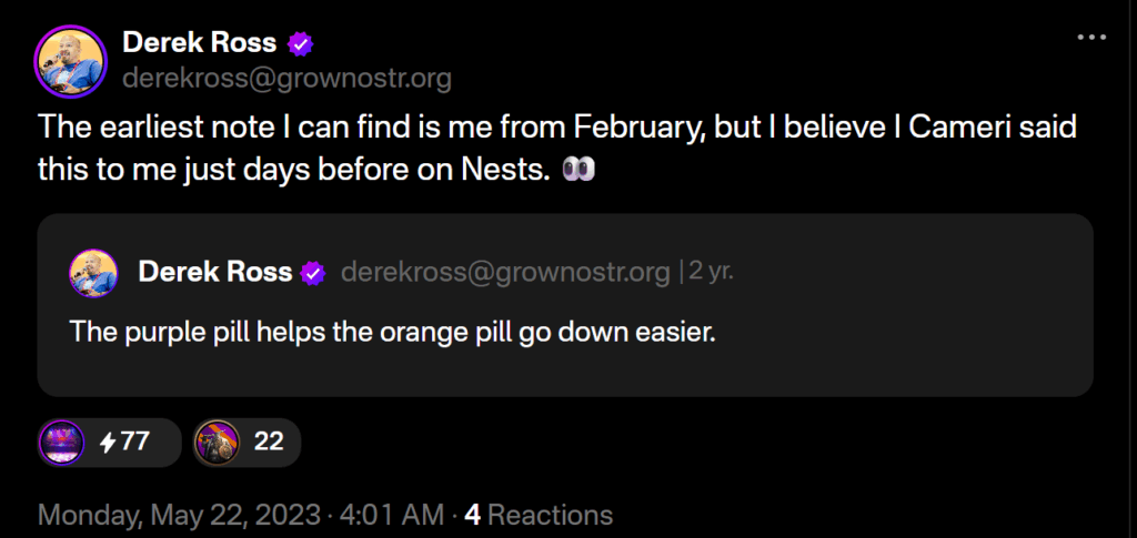 Satlantis is the Discovery App I've Been Looking For My Whole Life 1 Derek Ross, Nostr, Orange-pill and purple pill: https://primal.net/e/nevent1qqsdn80s2uqhddqtd4gtnlt49khrnvxvju4tktppqqdh70l6s4rvzgct4x2ql
