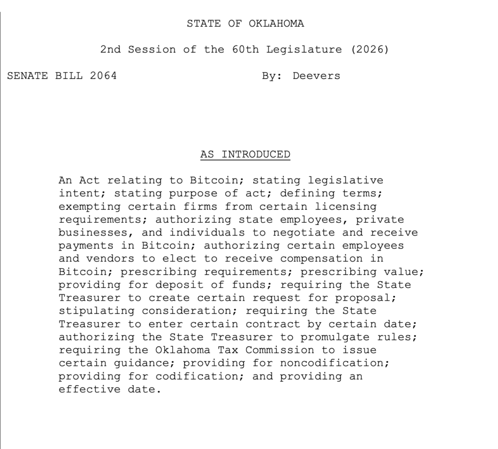 Oklahoma Introduces Bill Allowing State Employees and Vendors to Be Paid in Bitcoin 1 oklahoma